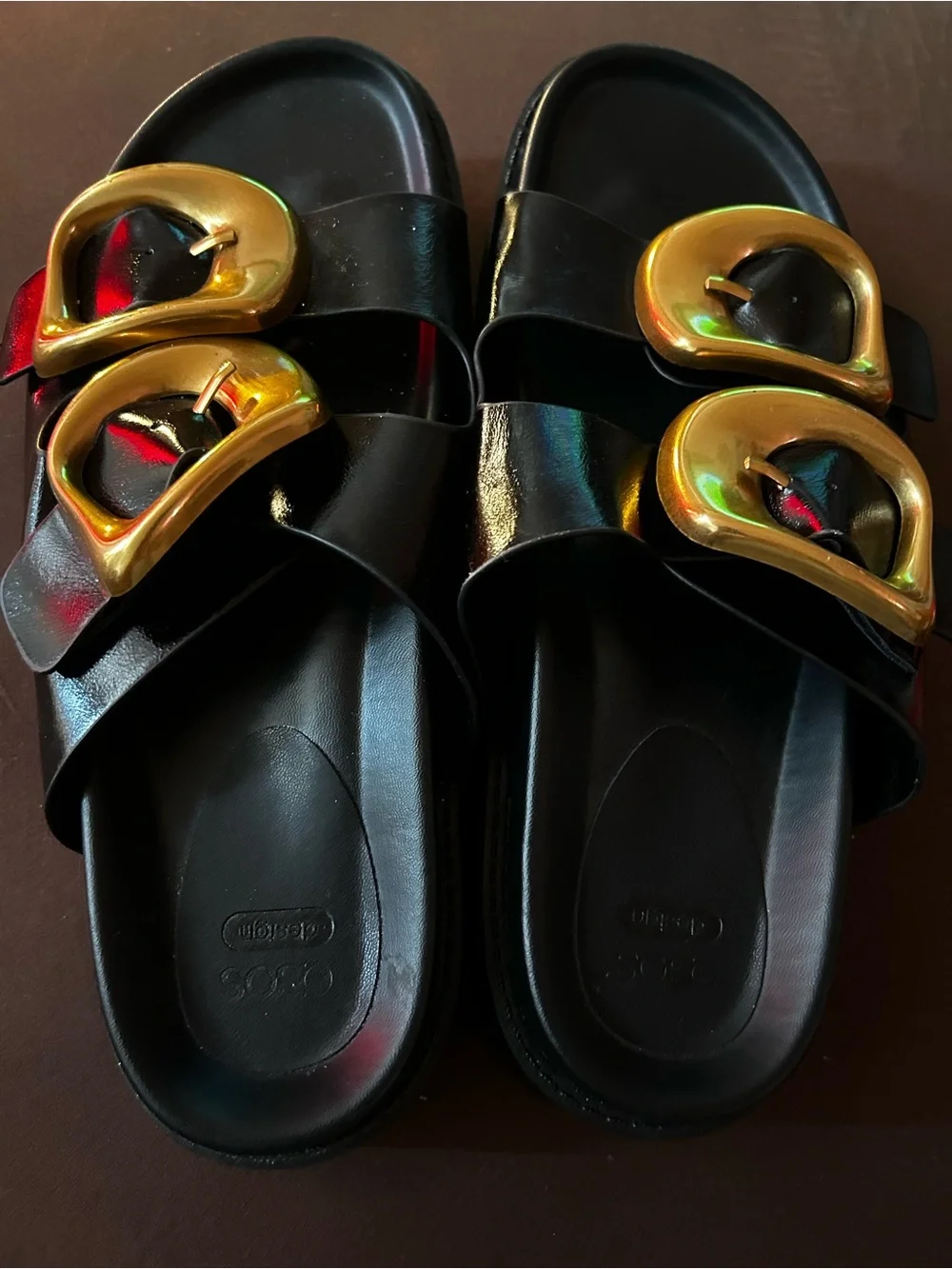 Women’s Black Slide Sandals with Gold Buckle Accents